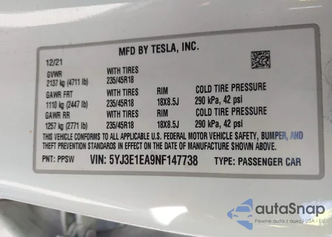 2022 Tesla Model 3 Rear-Wheel Drive z USA, uszkodzony, nr VIN 5YJ3E1EA9NF147738